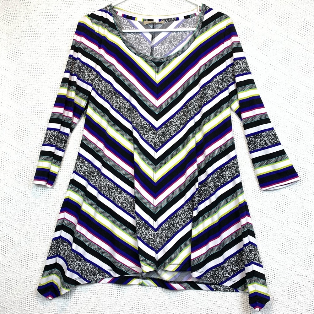 Joan Vass Striped Chevron Long Sleeve Tunic Shark Bite Hem Oversized Small Boho